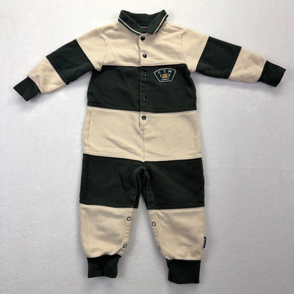 Vintage 1998 Gymboree Gymsport Green Cream Striped Rugby Romper Kids XS 1.5-2Y
